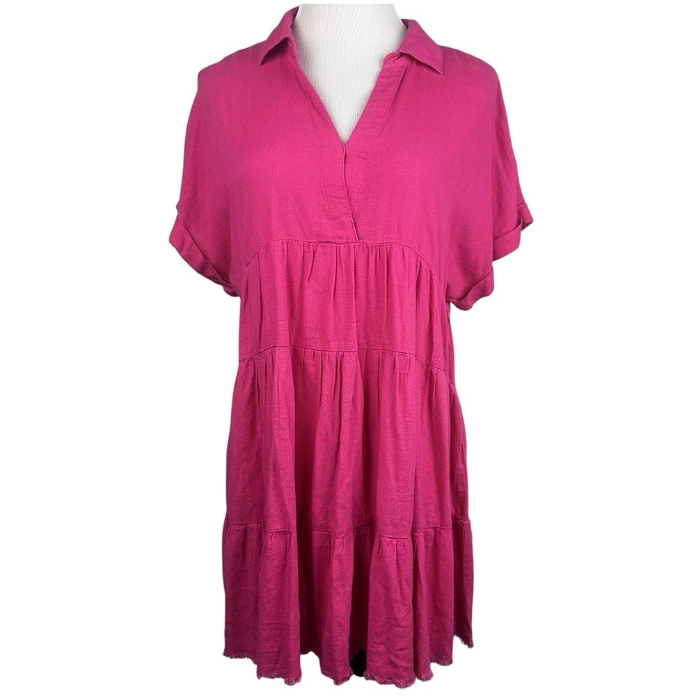 Umgee Hot Pink Linen Blend Tiered Tunic Dress Frayed Hem Collared Small